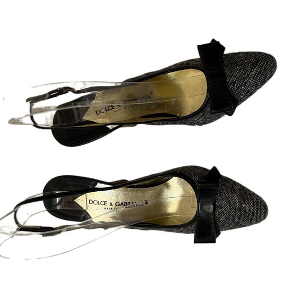 Dolce & Gabbana Black & Gray Tweed Slingback Heels Black Bow Wooden Heels Size 6 - Picture 9 of 13
